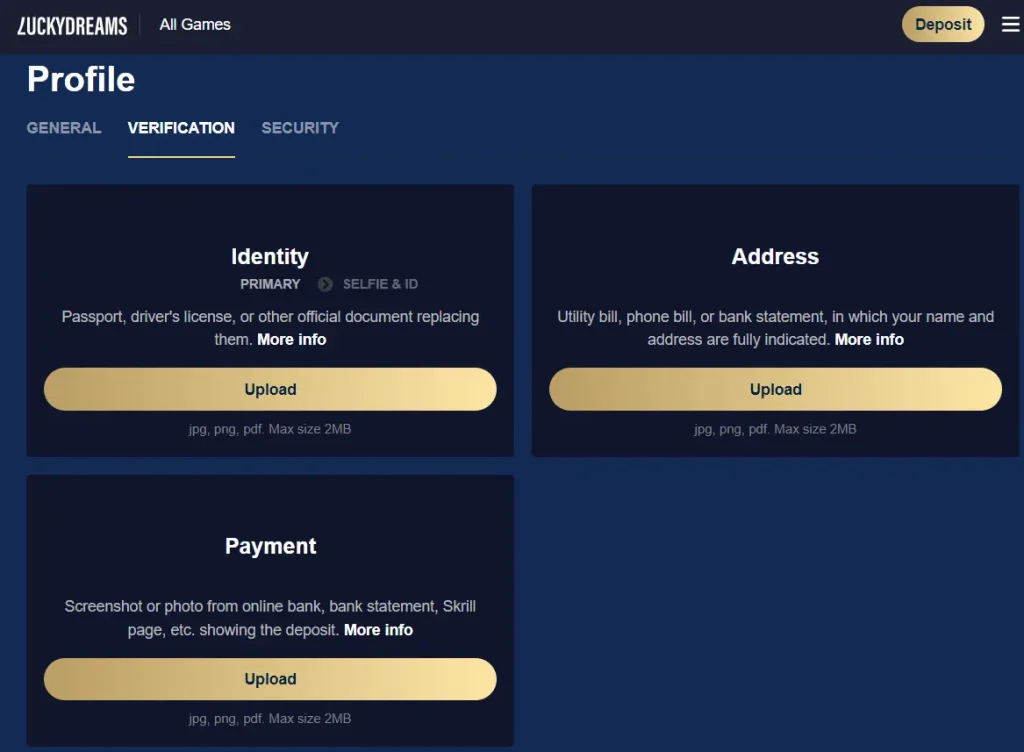 Verification after Lucky Dreams Login